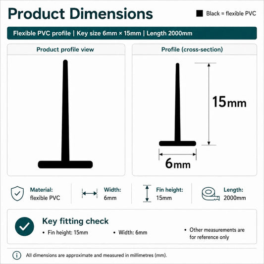 VH002 framed shower door seal dimensions showing the 6mm T-shaped fitting and 15mm trim-to-fit fin