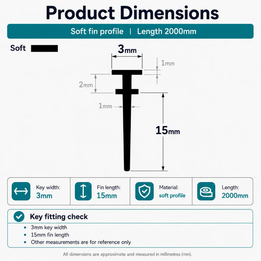 VI004 slim stepped T-slot framed shower door seal dimensions showing the 3mm fitting width and 15mm fin