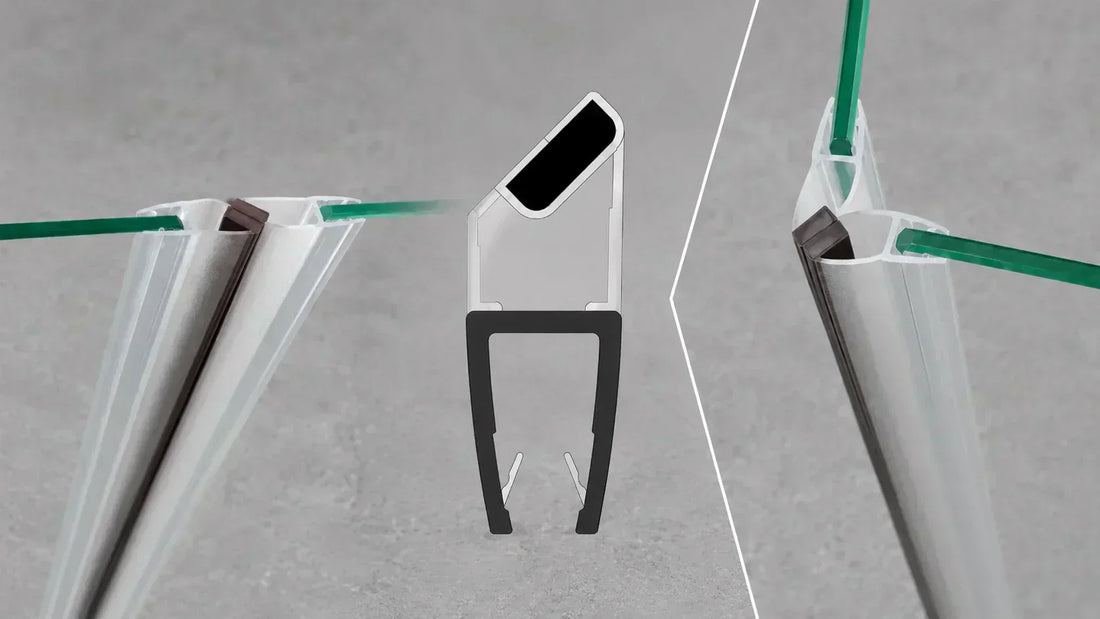 45 degree magnetic shower door seal profile shown with 90 degree and 180 degree glass door closing positions