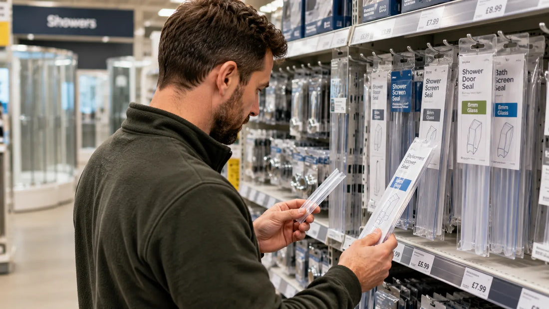 A customer comparing replacement shower door seals in a UK DIY shop.