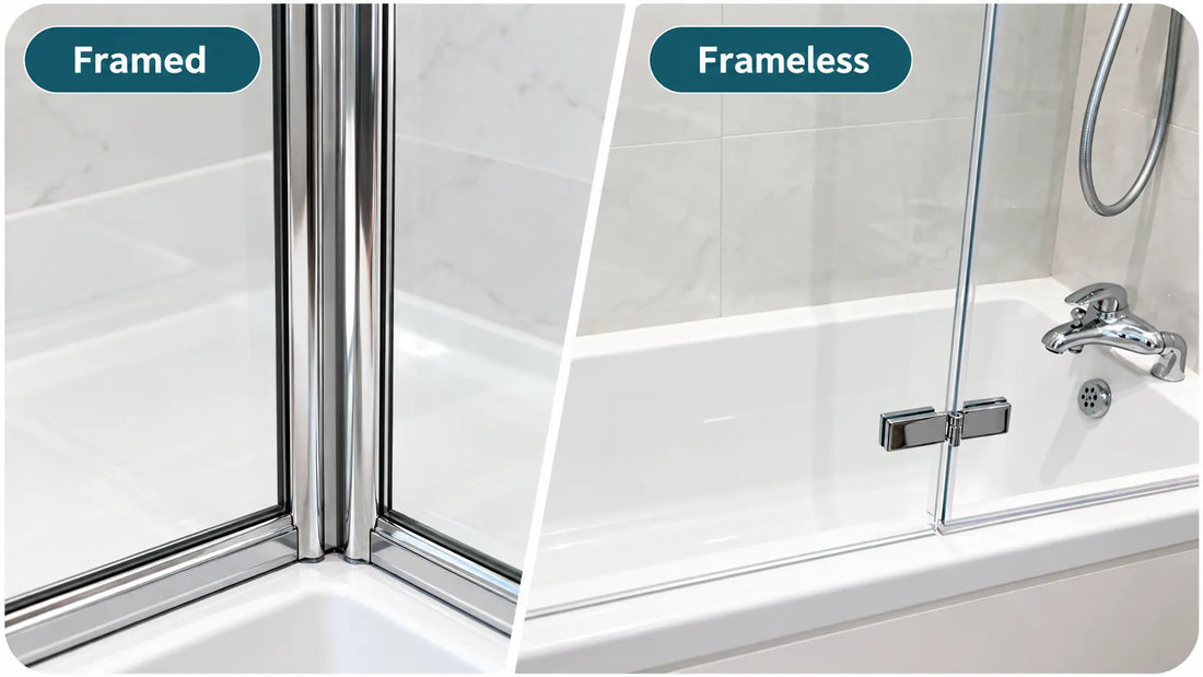 Side-by-side comparison of framed and frameless folding shower doors, showing the different glass and frame structures.