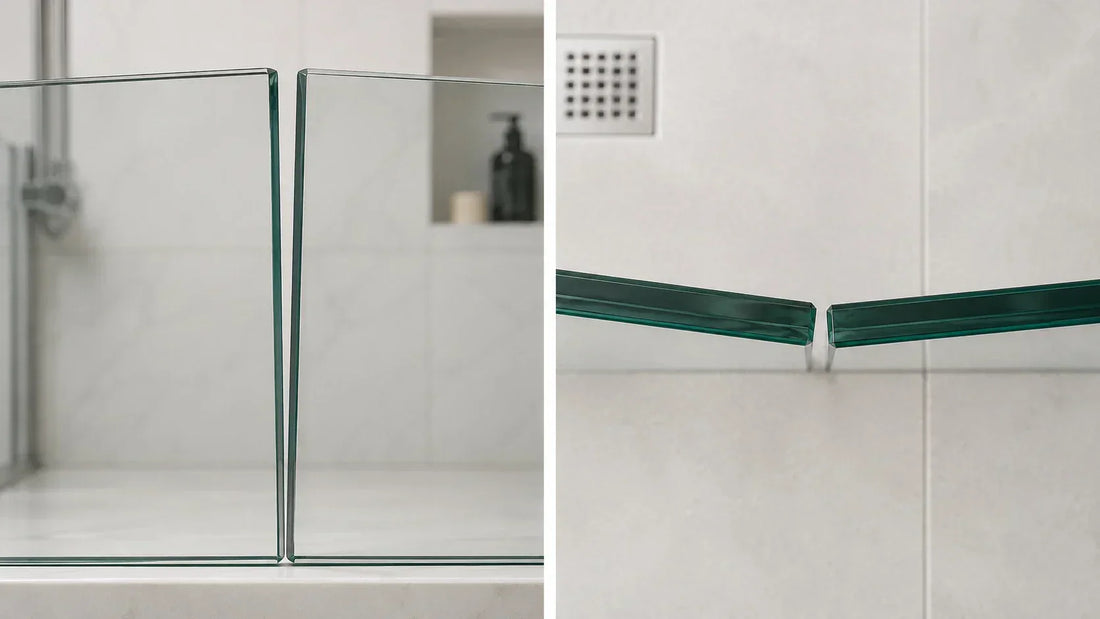 Misaligned glass shower door showing uneven side gaps and offset panels before fitting a magnetic seal
