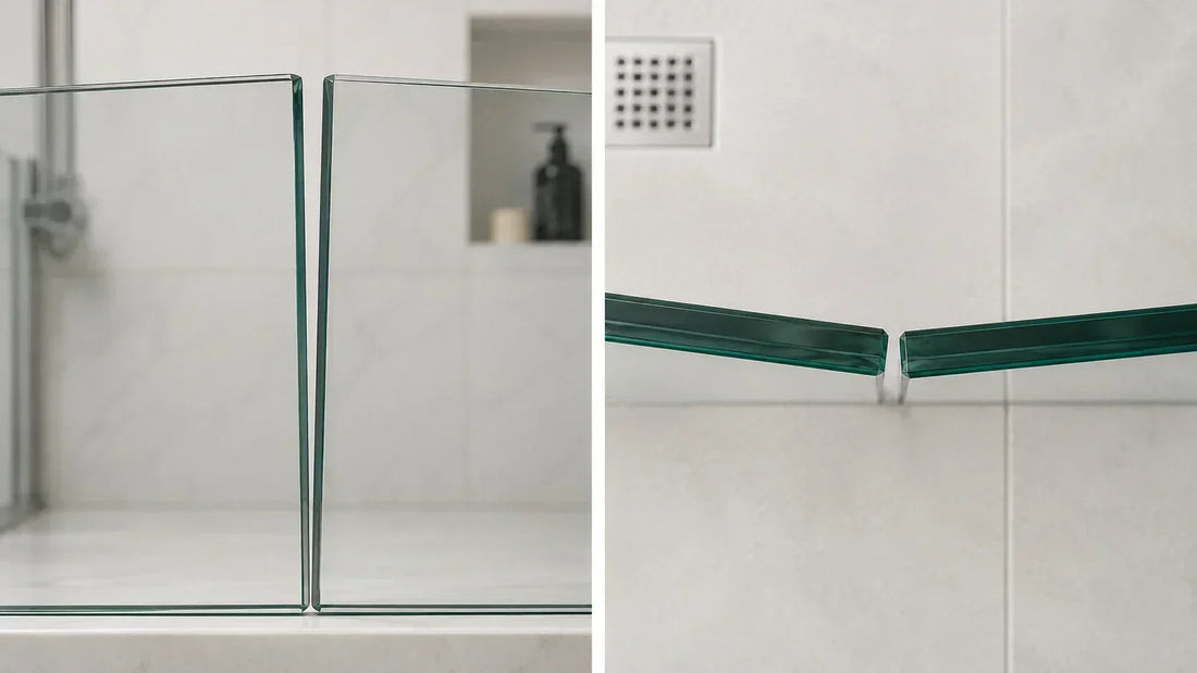 Misaligned glass shower door showing uneven side gaps and offset panels before fitting a magnetic seal