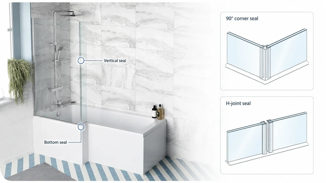 Illustration showing the different seal positions on an L-shaped shower screen, including bottom, vertical, 90° corner and H-joint seals