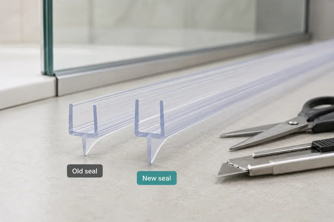 Comparison of old and new U-channel shower door seals with different fin lengths