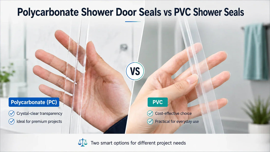 Polycarbonate shower door seals vs PVC shower seals, comparing clear PC transparency with cost-effective PVC options for shower door sealing projects.