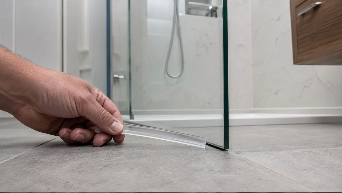 Push-fit shower door bottom seal held under a glass door with no room to fit it onto the bottom edge