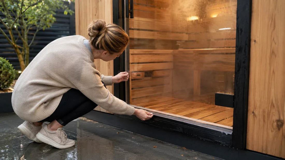 woman inspecting softening and curling clear seal on sauna door with steam inside