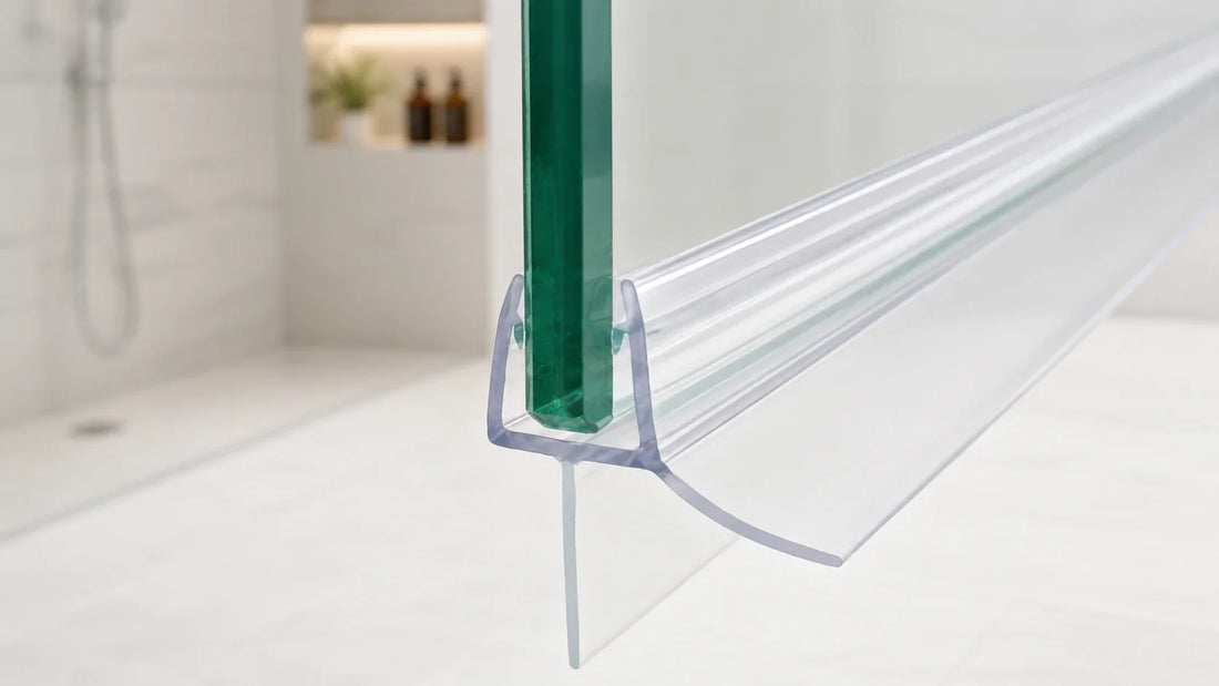 Close-up of a shower door bottom seal with an angled drip rail and flexible bottom fin
