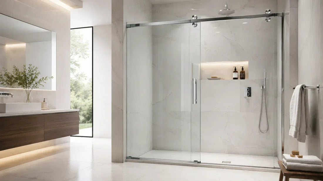 Modern sliding shower door with clear glass and sliding shower door seal strip