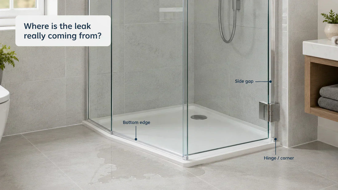 Universal shower door seal guide showing possible leak sources at the bottom edge, side gap and hinge corner of a shower door