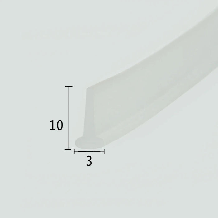 Cross-section close-up of the VH001 shower sweep for framed door, showcasing the transparent soft PVC with a unique T-shaped top, a 3mm insertion width, and 10mm overall height, optimized to snap into standard grooves at the base of framed shower doors for a tight waterproof barrier.