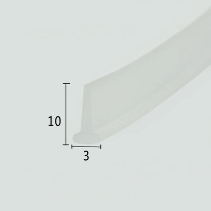Cross-section close-up of the VH001 shower sweep for framed door, showcasing the transparent soft PVC with a unique T-shaped top, a 3mm insertion width, and 10mm overall height, optimized to snap into standard grooves at the base of framed shower doors for a tight waterproof barrier.