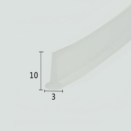 Cross-section close-up of the VH001 shower sweep for framed door, showcasing the transparent soft PVC with a unique T-shaped top, a 3mm insertion width, and 10mm overall height, optimized to snap into standard grooves at the base of framed shower doors for a tight waterproof barrier.