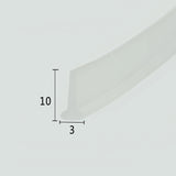 Cross-section close-up of the VH001 shower sweep for framed door, showcasing the transparent soft PVC with a unique T-shaped top, a 3mm insertion width, and 10mm overall height, optimized to snap into standard grooves at the base of framed shower doors for a tight waterproof barrier.