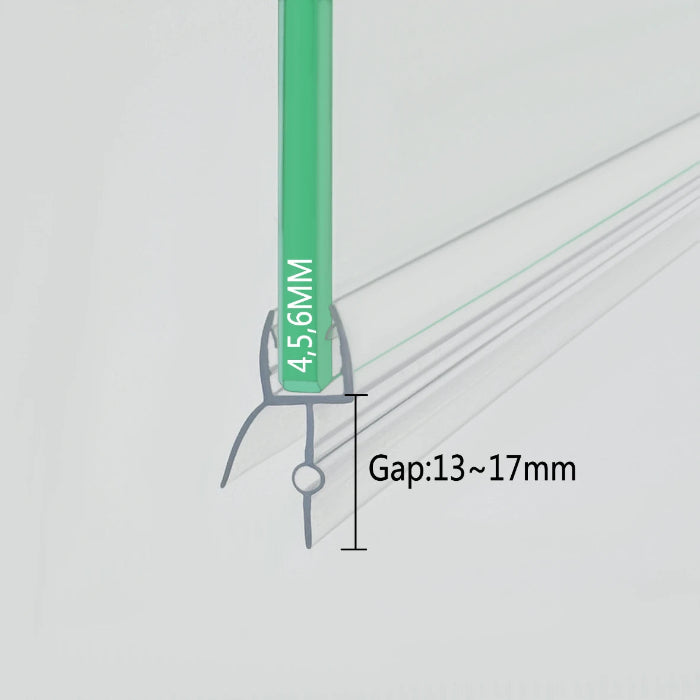 Close-up cross-section of the VD456 seal for bottom of shower door fitted on 4-6mm glass, showing the transparent U-channel, side guide rails, and the unique 17mm single fin with a central small bulb design for enhanced sealing on uneven floors.