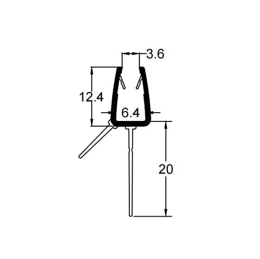 Technical dimension diagram for a 4-6mm glass bottom seal, detailing the inner channel width, 20mm central fin length, and overall profile height with lateral stabilising rails for precise replacement to solve floor gap issues.