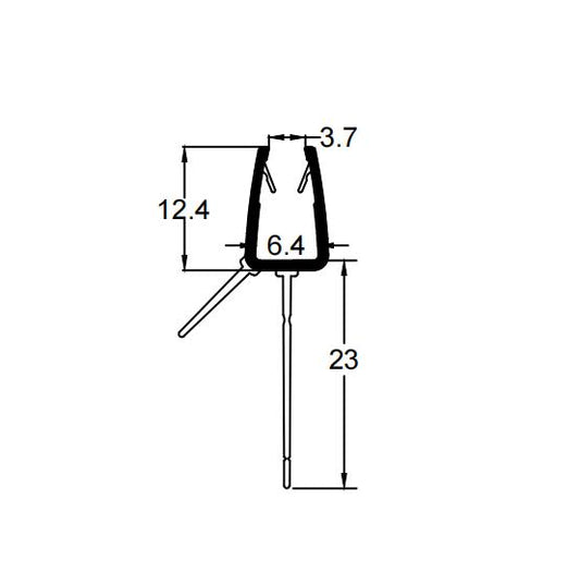 "Technical dimension diagram of the V456S2023 strip, specifying the precise 4–6mm channel width, the maximum 23mm reach of the centrally positioned fin, and complete profile measurements for accurate fitting."