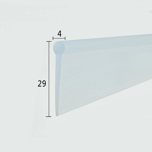 Cross-section close-up of the VF002 shower seal for bi fold door, showcasing the transparent soft PVC with a 4mm solid bulb top and an extra-long 29mm height, designed specifically to bridge wide bottom gaps on bi-fold or multi-fold shower doors with superior long-reach coverage.