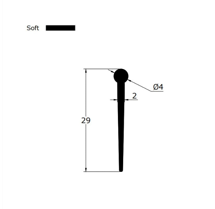 Technical dimension diagram for a replacement 4fold bath screen seal, detailing the 4mm bulb radius, maximum 29mm total height (suitable for deep gaps), and profile width, providing data support for users needing to precisely match older four-fold door tracks and resolve uneven floor issues.