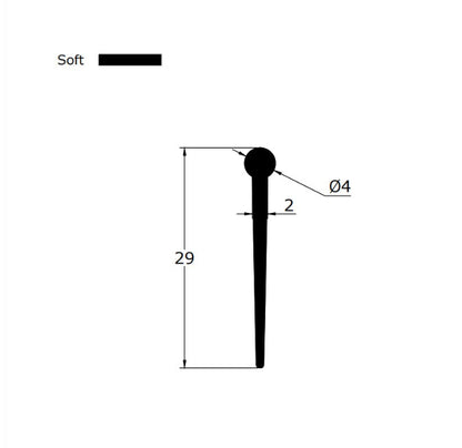 Technical dimension diagram for a replacement 4fold bath screen seal, detailing the 4mm bulb radius, maximum 29mm total height (suitable for deep gaps), and profile width, providing data support for users needing to precisely match older four-fold door tracks and resolve uneven floor issues.