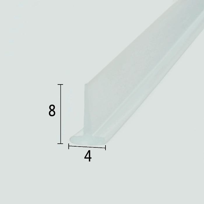 Cross-section close-up of the VH010 framed shower door drip rail, showcasing the transparent soft PVC with a unique 4mm wide T-shaped top and an 8mm compact sweeping fin, optimized to snap into wider framed door base tracks for efficient water channelling and leak prevention.