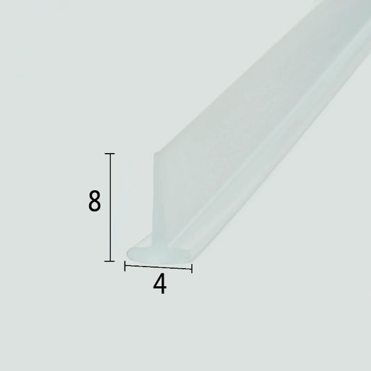 Cross-section close-up of the VH010 framed shower door drip rail, showcasing the transparent soft PVC with a unique 4mm wide T-shaped top and an 8mm compact sweeping fin, optimized to snap into wider framed door base tracks for efficient water channelling and leak prevention.
