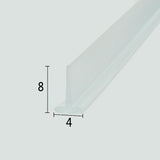 Cross-section close-up of the VH010 framed shower door drip rail, showcasing the transparent soft PVC with a unique 4mm wide T-shaped top and an 8mm compact sweeping fin, optimized to snap into wider framed door base tracks for efficient water channelling and leak prevention.