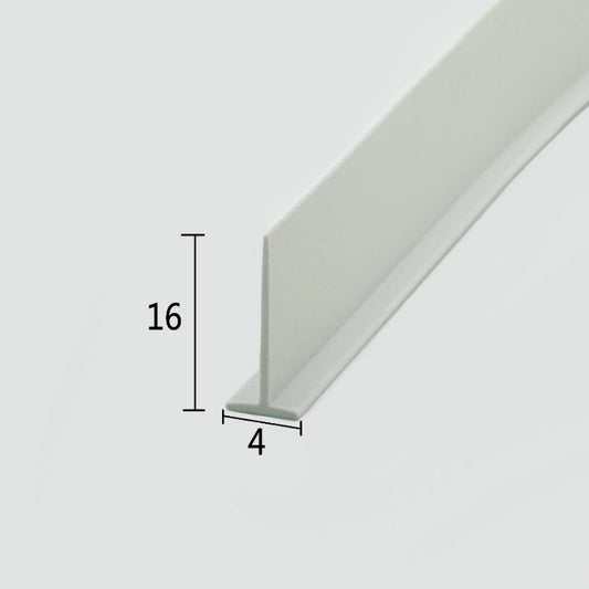 Cross-section close-up of the VH005 framed shower door drip rail replacement, showcasing the white soft PVC with a unique 4mm wide T-shaped top and a 16mm long sweeping fin, optimized to snap into wider base tracks of white framed doors for an aesthetically pleasing and efficient water channelling solution.