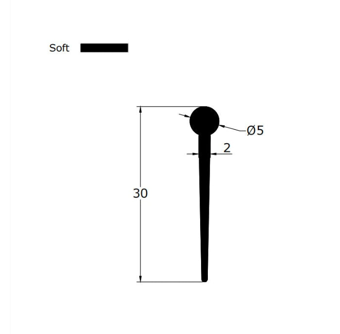 Technical dimension diagram for a shower folding screen seal, detailing the 5mm bulb radius, maximum 30mm total height (suitable for largest gaps), and profile width, providing precise specifications for users seeking to cover uneven floors or wide gaps on folding doors.