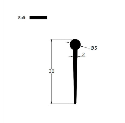 Technical dimension diagram for a shower folding screen seal, detailing the 5mm bulb radius, maximum 30mm total height (suitable for largest gaps), and profile width, providing precise specifications for users seeking to cover uneven floors or wide gaps on folding doors.