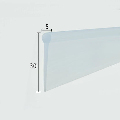 Cross-section close-up of the VF003 replacement 4-fold bath screen seal, showcasing the transparent soft PVC with a 5mm solid bulb top and an extra-long 30mm height, designed specifically for four-fold shower door bases requiring maximum coverage to bridge wide floor gaps.