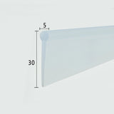Cross-section close-up of the VF003 replacement 4-fold bath screen seal, showcasing the transparent soft PVC with a 5mm solid bulb top and an extra-long 30mm height, designed specifically for four-fold shower door bases requiring maximum coverage to bridge wide floor gaps.