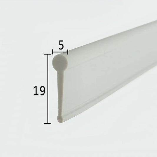 Cross-section close-up of the VF005 replacement four fold bath screen seal, showcasing the milky white soft PVC with a unique 5mm solid cylinder top and 19mm overall height, optimized for sealing the base of multi-fold shower doors to ensure smooth operation during complex folding actions.