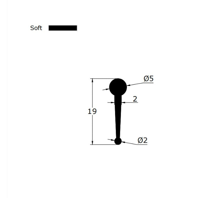 Technical dimension diagram for a 4 fold bath screen replacement seal, detailing the 5mm cylinder head radius, 19mm total height, and profile width, providing precise data for users seeking specific sizes to match older four-fold door tracks.