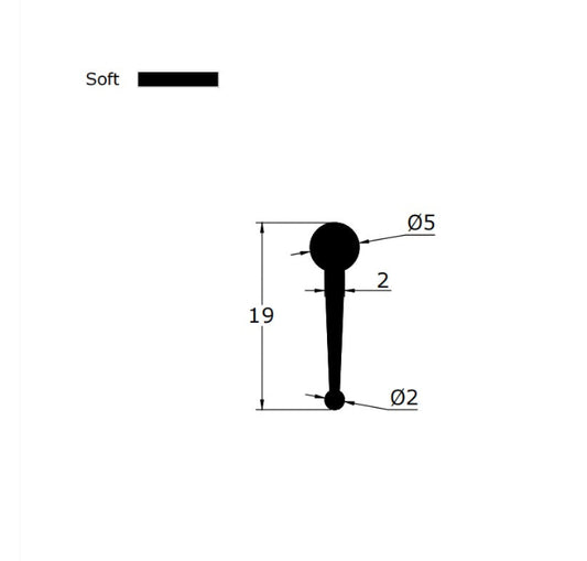 Technical dimension diagram for a 4 fold bath screen replacement seal, detailing the 5mm cylinder head radius, 19mm total height, and profile width, providing precise data for users seeking specific sizes to match older four-fold door tracks.