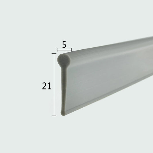 Cross-section close-up of the VF004 folding shower screen seal bottom, showcasing the dark grey soft PVC with a unique 5mm solid cylinder top and 21mm overall height, optimized for sealing the base of framed or folding shower doors to allow flexible movement.