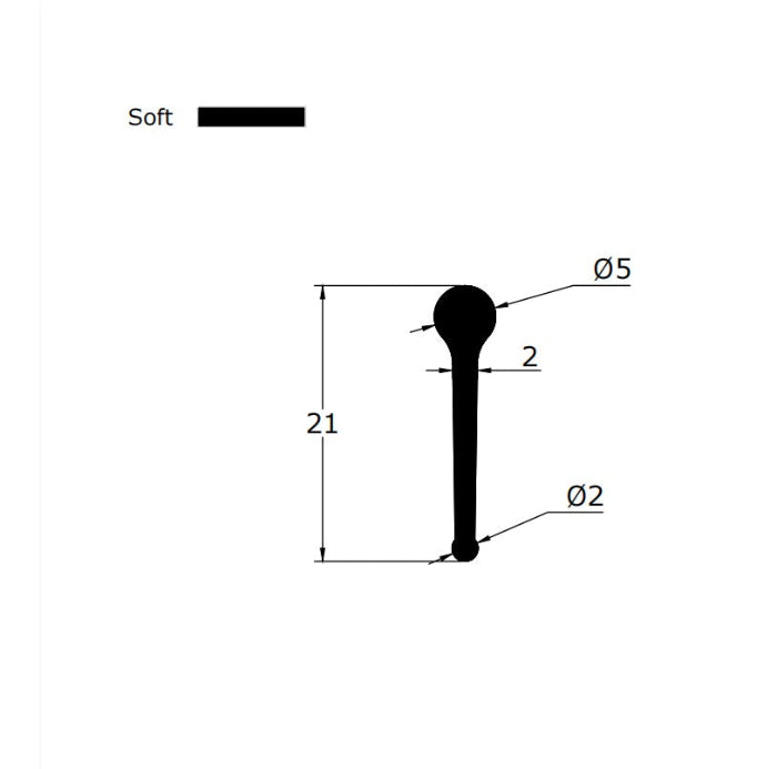 Technical dimension diagram for a folding shower screen bottom seal, detailing the 5mm cylinder head radius, 21mm total height, and profile width, providing specifications for replacement projects requiring precise matching for hinge or folding door bottom gaps.