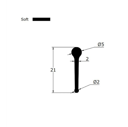 Technical dimension diagram for a folding shower screen bottom seal, detailing the 5mm cylinder head radius, 21mm total height, and profile width, providing specifications for replacement projects requiring precise matching for hinge or folding door bottom gaps.