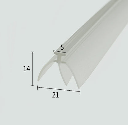 Cross-section close-up of the VE02 framed shower door drip rail replacement, showcasing the transparent soft PVC with a unique 5mm T-post and dual extra fins extending from both sides, creating a rare triple-layer leak-proof barrier optimized to lock into standard tracks while blocking frontal splashes and water running down both left and right sides of the glass for superior comprehensive waterproofing.