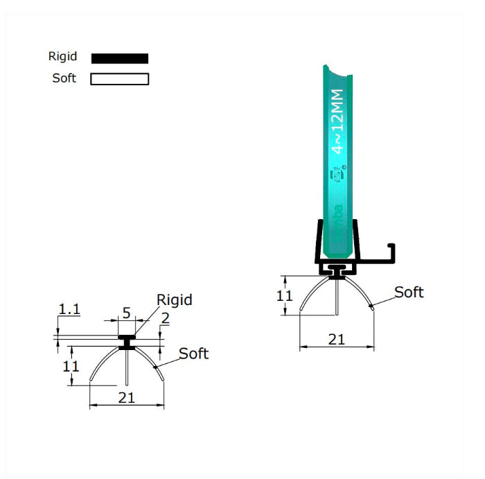 Technical dimension diagram for a framed shower door replacement drip rail with vinyl sweep, detailing the 5mm T-head width, 14mm total coverage width, main sweeping fin length, and specific millimetre measurements of both side channelling fins, providing critical specification data for users needing an exact track match who seek to maximize bottom and side water containment via a triple-fin design.