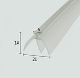 Cross-section close-up of the VE02 framed shower door drip rail replacement, showcasing the transparent soft PVC with a unique 5mm T-post and dual extra fins extending from both sides, creating a rare triple-layer leak-proof barrier optimized to lock into standard tracks while blocking frontal splashes and water running down both left and right sides of the glass for superior comprehensive waterproofing.