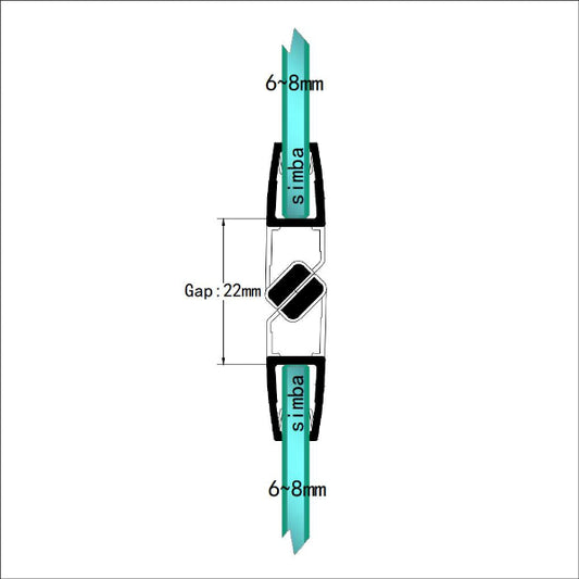 M68A2M shower door magnetic seal size diagram for 6-8mm glass and 22mm gap