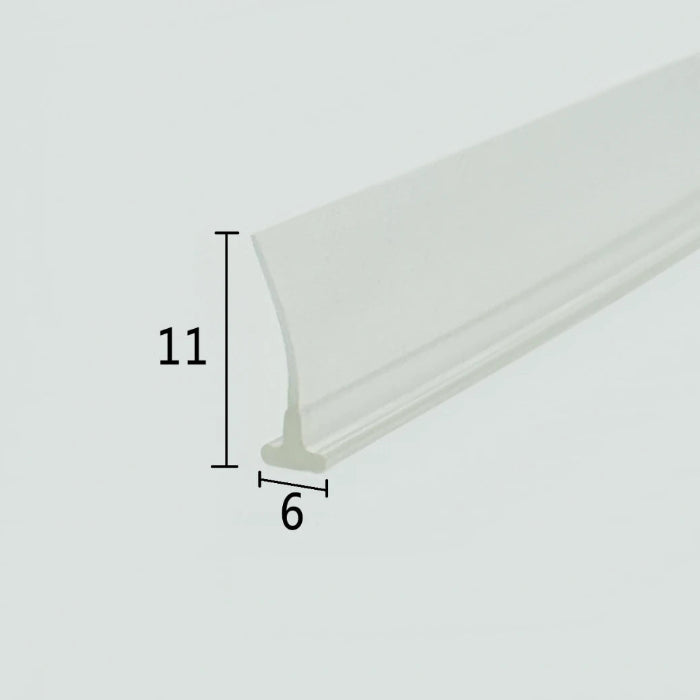 Cross-section close-up of the VH003 shower door sweep framed, showcasing the transparent soft PVC with a unique 6mm extra-wide T-shaped top and an 11mm long sweeping fin, optimized to lock securely into non-standard wider base tracks of framed doors for reliable water channelling and leak prevention.