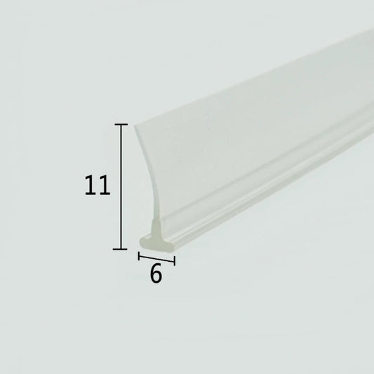 Cross-section close-up of the VH003 shower door sweep framed, showcasing the transparent soft PVC with a unique 6mm extra-wide T-shaped top and an 11mm long sweeping fin, optimized to lock securely into non-standard wider base tracks of framed doors for reliable water channelling and leak prevention.