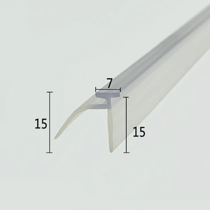 Cross-section close-up of the VE03 shower door frame seal strip, showcasing the transparent soft PVC with a unique 7mm T-post, wide base, and a laterally extending second fin, creating a dual-layer leak-proof structure optimized to lock into standard framed door base tracks while blocking both frontal splashes and sideways water run-off.