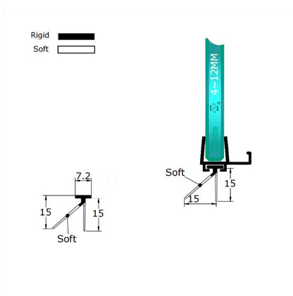 Technical dimension diagram for a framed shower door drip rail and sweep, detailing the 7mm T-head width, wide base dimensions, main sweeping fin length, and specific millimetre measurements of the side channelling fin, providing critical specification data for users needing an exact track match who seek enhanced bottom and side water containment via a dual-fin design.