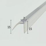 Cross-section close-up of the VE03 shower door frame seal strip, showcasing the transparent soft PVC with a unique 7mm T-post, wide base, and a laterally extending second fin, creating a dual-layer leak-proof structure optimized to lock into standard framed door base tracks while blocking both frontal splashes and sideways water run-off.