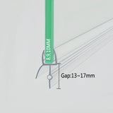 Close-up cross-section of the VD810 shower door bottom seal strip fitted on 8-10mm glass, showing the transparent U-channel, side guide rails, and unique 17mm single fin with a central bulb to effectively fill uneven gaps beneath thicker glass.
