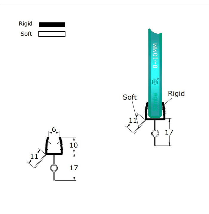 Technical dimension diagram for a shower door bottom seal, detailing the inner channel width, 17mm central fin length (including bulb height), and overall profile height with lateral stabilising rails, engineered for precise replacement on 8-10mm thick glass.